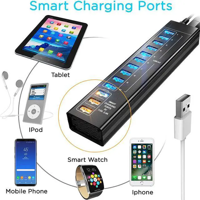 Alt view image 4 of 7 - Werleo Powered USB Hub 13 Port USB 3.0 Hub with 10 USB 3.0 Ports 3 Smart Charging Ports Power Adapter Long Cord LEDs - Black Aluminum