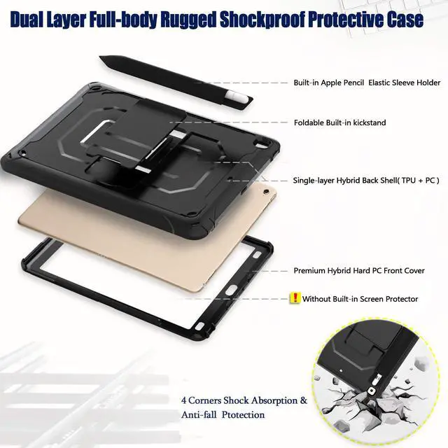 Alt view image 4 of 6 - For iPad 6th iPad 5th Generation Case New iPad 9.7 Inch 2018 / 2017 Case Heavy Duty Shockproof Protective Case Cover with Stand / Elastic iPad Pencil Pocket / Expandable Storage Pouch / Shoulder Strap