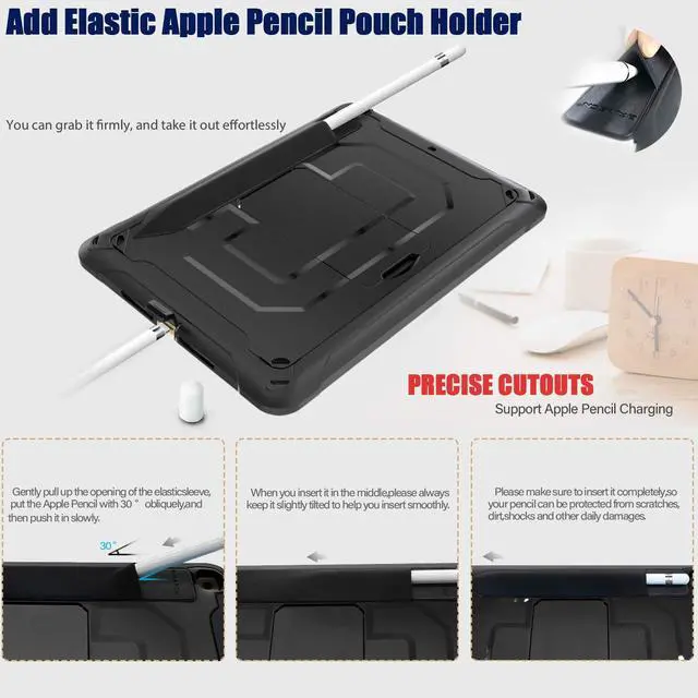Alt view image 3 of 6 - For iPad 6th iPad 5th Generation Case New iPad 9.7 Inch 2018 / 2017 Case Heavy Duty Shockproof Protective Case Cover with Stand / Elastic iPad Pencil Pocket / Expandable Storage Pouch / Shoulder Strap