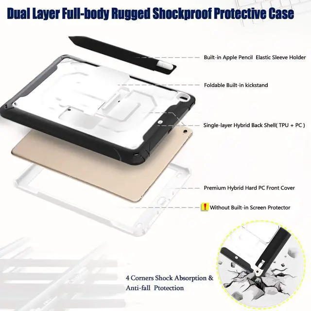 Alt view image 4 of 6 - For iPad 6th iPad 5th Generation Case New iPad 9.7 Inch 2018 / 2017 Case Heavy Duty Shockproof Protective Case Cover with Stand / Elastic iPad Pencil Pocket / Expandable Storage Pouch / Shoulder Strap