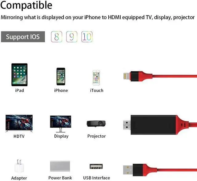 Alt view image 2 of 7 - WERLEO Compatible with iPhone iPad to HDMI Adapter Cable 1080P Digital AV HDMI Adaptor Connector Cord for iPhone Xs Max XR X 8 7 6 Plus iPad Pro Air Mini iPod - Plug and Play