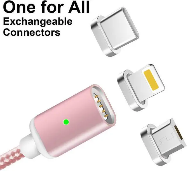 Alt view image 2 of 6 - Werleo 3 in 1 Magnetic Charger Cable with Micro USB / Type C / Lightning Connector Compatible with Android iPhone Devices Charging Data Sync Transfer Rose Gold