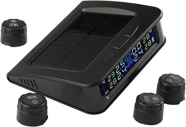 Main image of TPMS Solar Power Universal Wireless Tire Pressure Monitoring System with 4 External Sensors to Monitor and Display the Pressure and Temperature of 4 Tires in Real-time