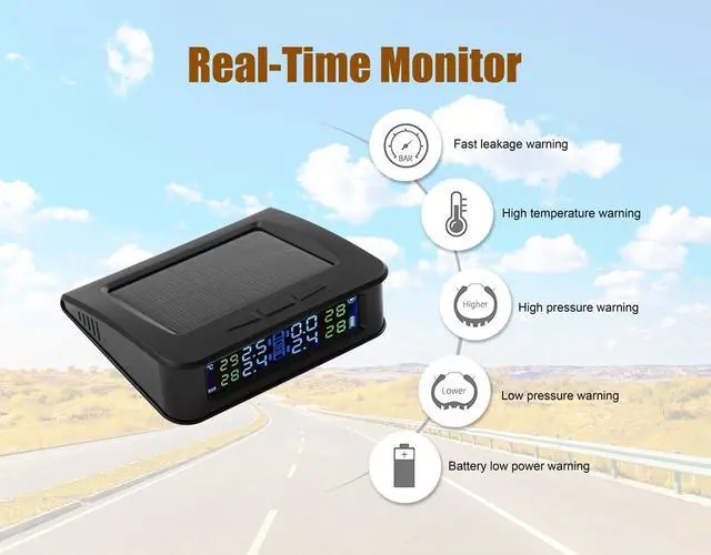 Alt view image 3 of 7 - TPMS Solar Power Universal Wireless Tire Pressure Monitoring System with 4 External Sensors to Monitor and Display the Pressure and Temperature of 4 Tires in Real-time