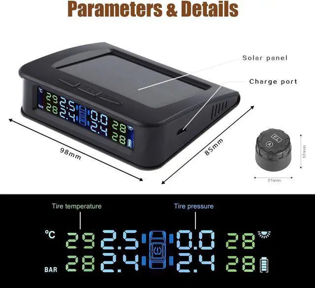 Alt view image 2 of 7 - TPMS Solar Power Universal Wireless Tire Pressure Monitoring System with 4 External Sensors to Monitor and Display the Pressure and Temperature of 4 Tires in Real-time