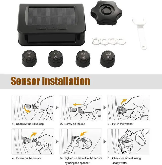 Alt view image 5 of 7 - TPMS Solar Power Universal Wireless Tire Pressure Monitoring System with 4 External Sensors to Monitor and Display the Pressure and Temperature of 4 Tires in Real-time