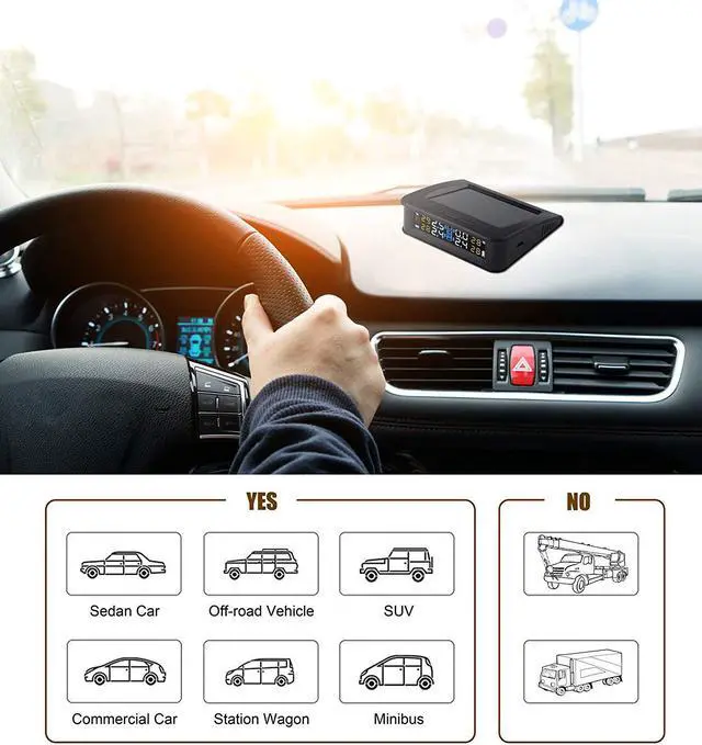 Alt view image 7 of 7 - TPMS Solar Power Universal Wireless Tire Pressure Monitoring System with 4 External Sensors to Monitor and Display the Pressure and Temperature of 4 Tires in Real-time