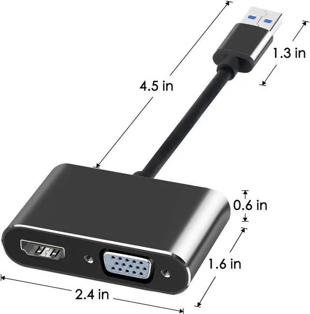 Alt view image 7 of 7 - USB 3.0 to HDMI VGA Adapter Gold-Plated Dual Output USB to VGA HDMI HD 1080P Converter Cable for Windows 7 / 8 / 10 Computers Black