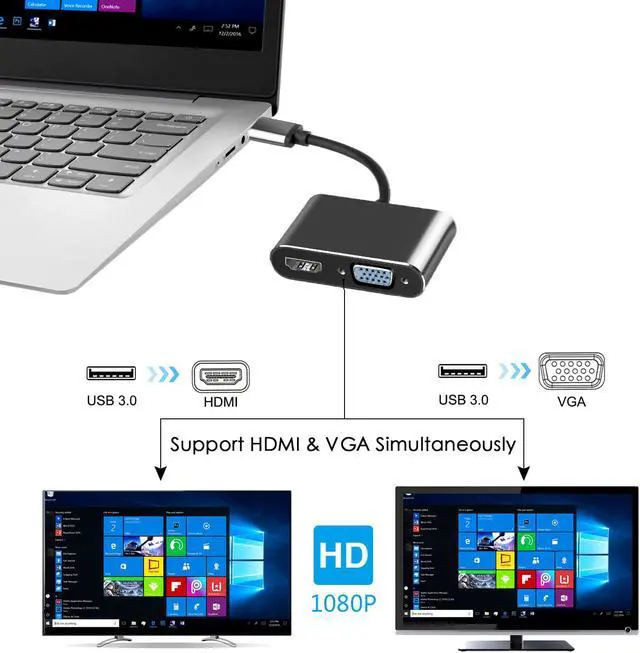 Alt view image 2 of 7 - USB 3.0 to HDMI VGA Adapter Gold-Plated Dual Output USB to VGA HDMI HD 1080P Converter Cable for Windows 7 / 8 / 10 Computers Black