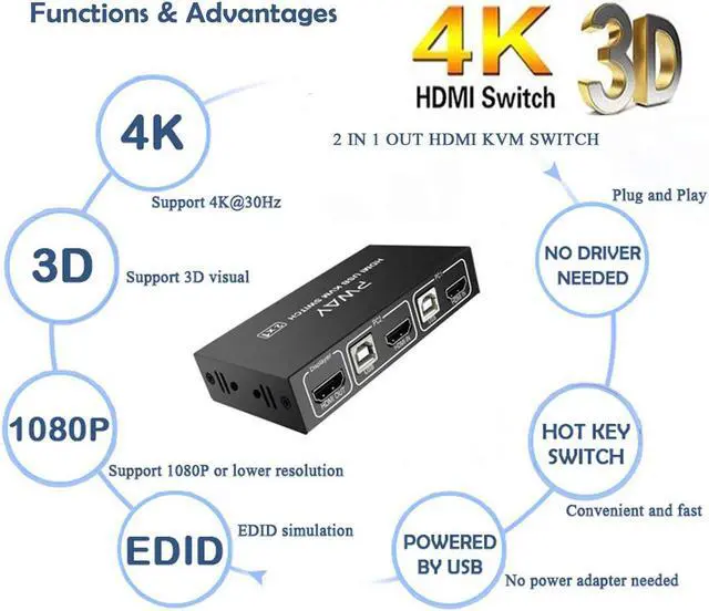 Alt view image 2 of 7 - Kvm Switch 2 Port HDMI,Ultra HD 4k@30Hz with USB and HDMI Cables,Supports Auto-Match,EDID,Hot-key Switch,Compatible with System Win Vista,Win 7,Win 8.1,Win 10,Mac Os X or Greater,Linux,Unix and Others
