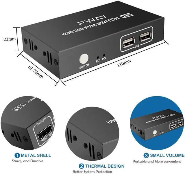 Alt view image 3 of 7 - Kvm Switch 2 Port HDMI,Ultra HD 4k@30Hz with USB and HDMI Cables,Supports Auto-Match,EDID,Hot-key Switch,Compatible with System Win Vista,Win 7,Win 8.1,Win 10,Mac Os X or Greater,Linux,Unix and Others