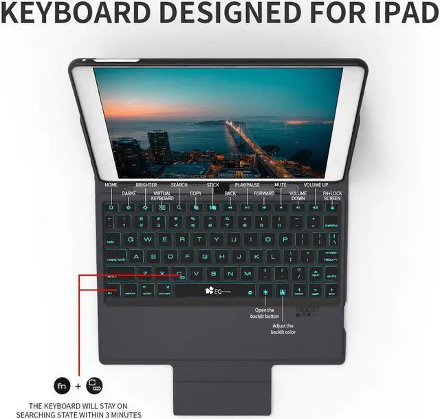Alt view image 4 of 7 - iPad Keyboard Case for New iPad 9.7 2018 / iPad 6th Gen - iPad Pro 2017 / iPad 5th Gen - iPad Air 2 / Air 1 / iPad Pro 9.7 - 7 Color Backlit - Wireless Bluetooth iPad Case with Keyboard
