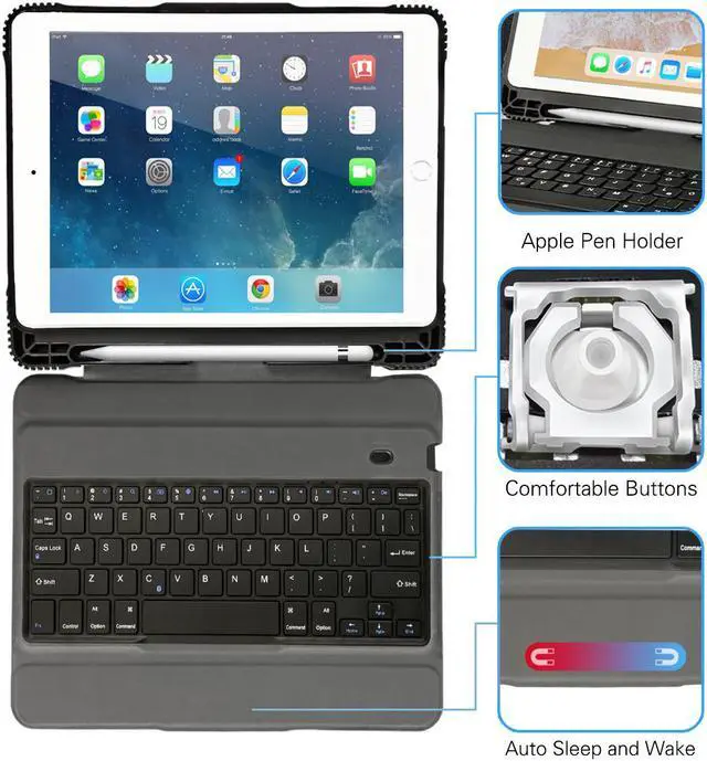 Alt view image 4 of 7 - New 2018 iPad 9.7 Keyboard Case with Pencil Holder Detachable Wireless Bluetooth Keyboard Shockproof Heavy Duty Full-body Protective Cover for iPad 9.7 inch 2018 2017 / iPad Pro 9.7 / iPad Air 2 / 1