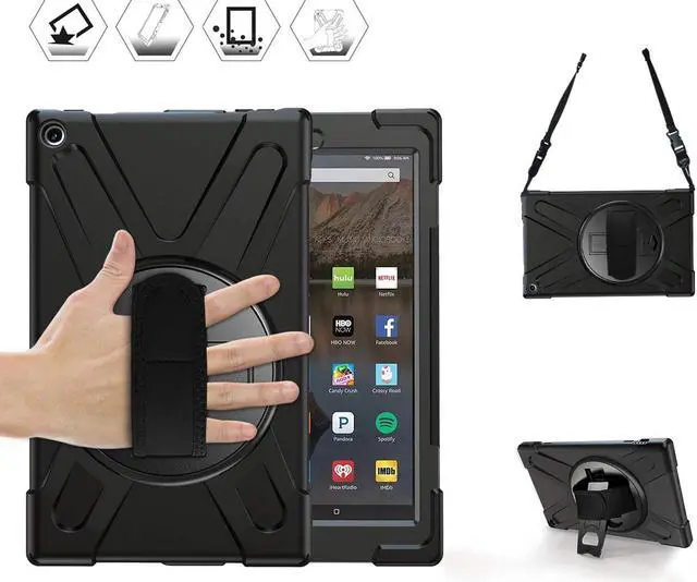 Main image of WERLEO Fire HD 10 2017 2018 2019 Case Heavy Duty Armor Shockproof Protective Case Cover with Rotating Hand Strap Carrying Shoulder Strap and Kickstand for Amazon Kindle Fire HD 10 Inch 2019 2018 2017