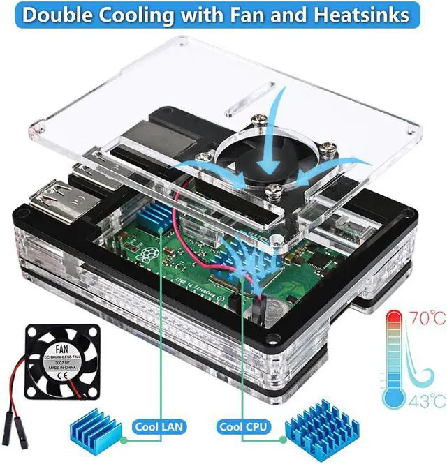 Alt view image 2 of 7 - Werleo Raspberry Pi 3 B+ Case with Fan Cooling and 3× Heat-Sinks 5V 2.5A Power Supply with On Off Switch Cable for RPi 3 B+ / 3B / 2b
