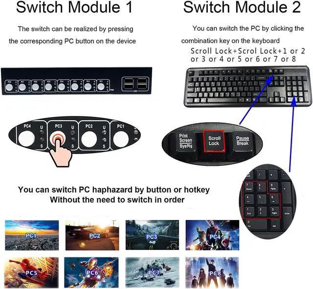 Alt view image 6 of 7 - Werleo KVM Switch HDMI 8 Port with 4K Ultra HD 1080P 3D Supports Windows 2000 / XP  /Vista Linux and Mac for PC Monitor Keyboard Mouse DVR NVR