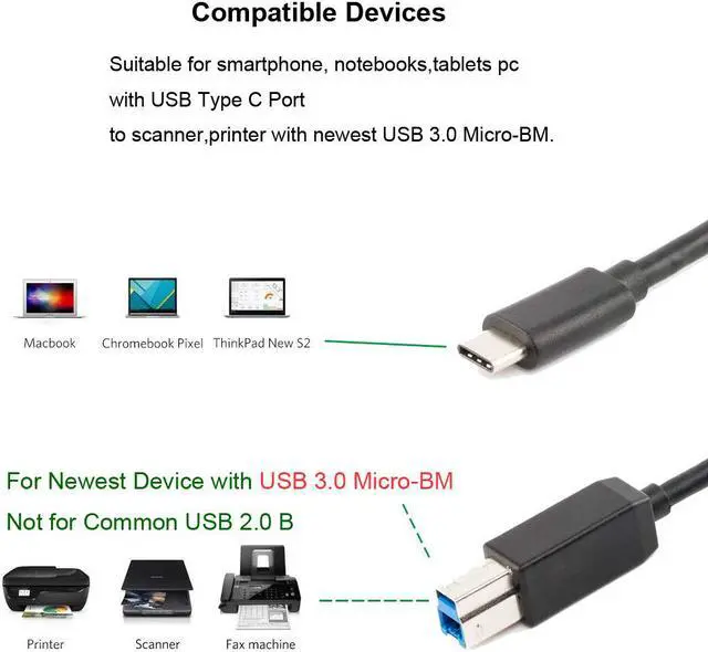 Alt view image 5 of 6 - Werleo USB C to Printer / HDD / Hub Cable - USB C to USB 3.0 BM / Printer - Newest Printer Scanner Cord For MacBook Pro HP Canon Brother Epson Dell Samsung Printers and More 3FT