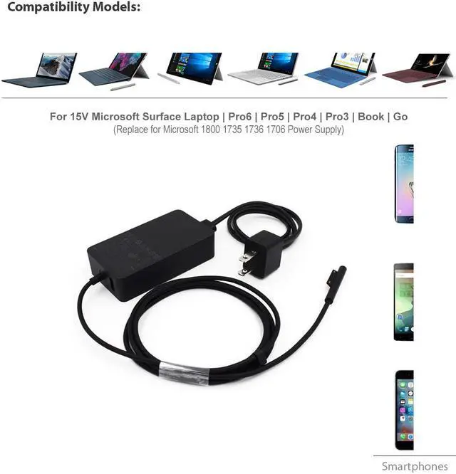 Alt view image 2 of 7 - Werleo 15V 2.58A Surface 44W Power Supply for Surface Pro 6 Charger Surface Laptop 2 Pro 5 Pro 4 Pro 3 Go Microsoft 1800 Surface 44W Power Ac Adapter Cord with 5V USB Port and US Extension Cord