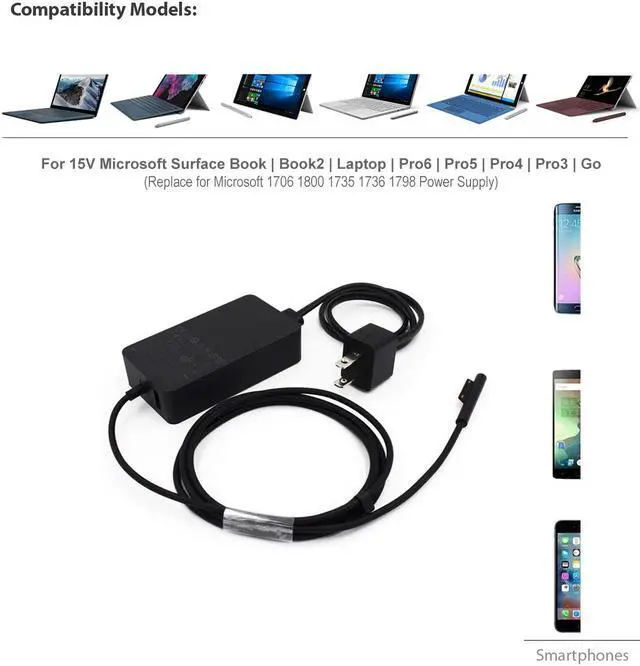 Alt view image 2 of 7 - Werleo 15V 4A Surface 65W Charger for Surface Book Power Supply Laptop 2 Surface Pro 6 5 4 3 Go Surface Book 2 Microsoft 1706 Surface 65W Power Ac Adapter Cord with 5V USB Port and US Extension Cord