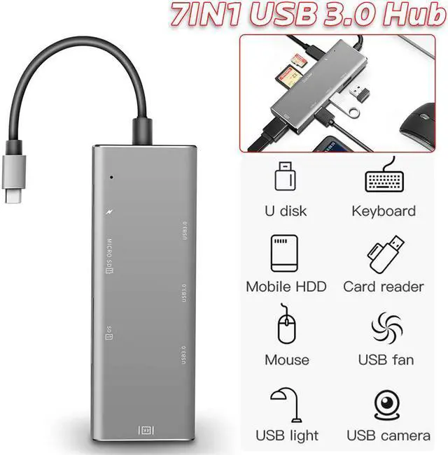 Alt view image 2 of 7 - USB C Hub Premium Type-C Adapter 7 in 1 USB-C Dock with 4K HDMI Output PD Charging SD / TF  Card Reader 3 USB 3.0 Ports for MacBook Google Chromebook Windows Surface Pro and More USB C Devices