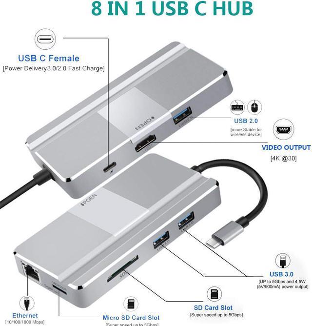 Alt view image 2 of 7 - USB C Hub 8 in 1 Aluminum Type C Adapter with 3 USB 3.0 Port RJ45 Ethernet 4K USB C to HD Video SD / TF Card Reader Supports 100W PD Fast Charging For Macbook Pro / Mini Surface Other Type C Laptops