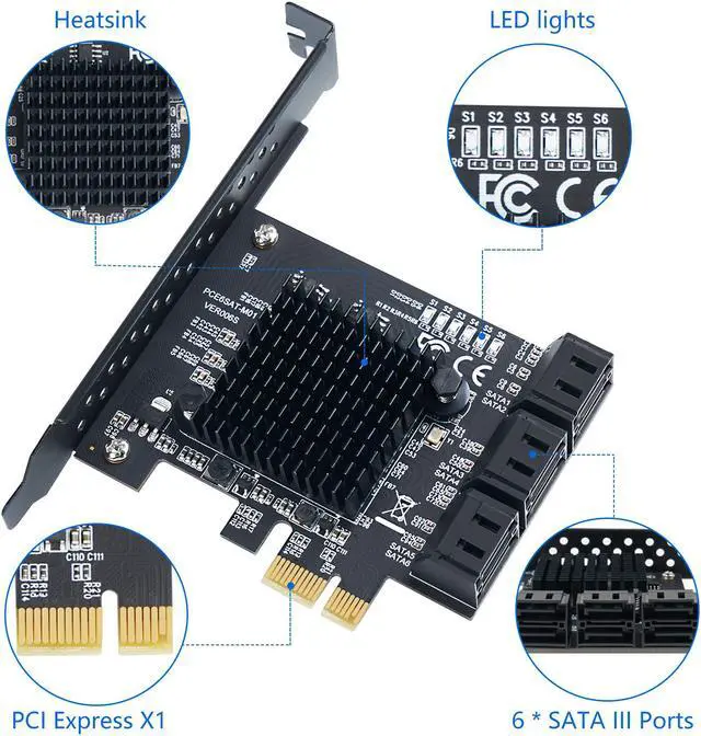 Alt view image 3 of 7 - WERLEO PCIe SATA Card 6 Port with 6 SATA Cables and a SATA Power Splitter Cable, 6 Gb/s PCIe SATA Controller Expression Card with Low Profile Bracket, Boot as System Disk Support 6 SATA 3.0 Devices