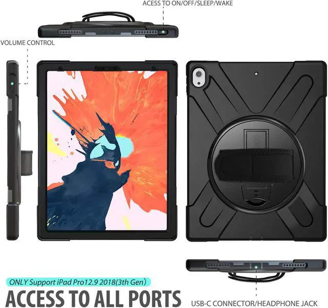 Alt view image 3 of 7 - iPad Pro 12.9 Case 3rd Gen 2018 Heavy Duty Shockproof Protective Case Cover with 360 Degree Rotating Kickstand / Adjustable Hand Strap and Carrying Shoulder Strap for iPad Pro 12.9 3rd Generation