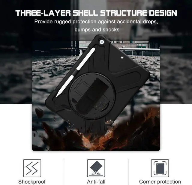 Alt view image 6 of 7 - New iPad 10.2 Case 2019 iPad 7th Generation Case Cover with Pencil Holder / Rotatable Stand / Hand Strap and Shoulder Belt Shockproof Case for iPad 10.2 inch 2019 Tablet A2197 A2198 A2200