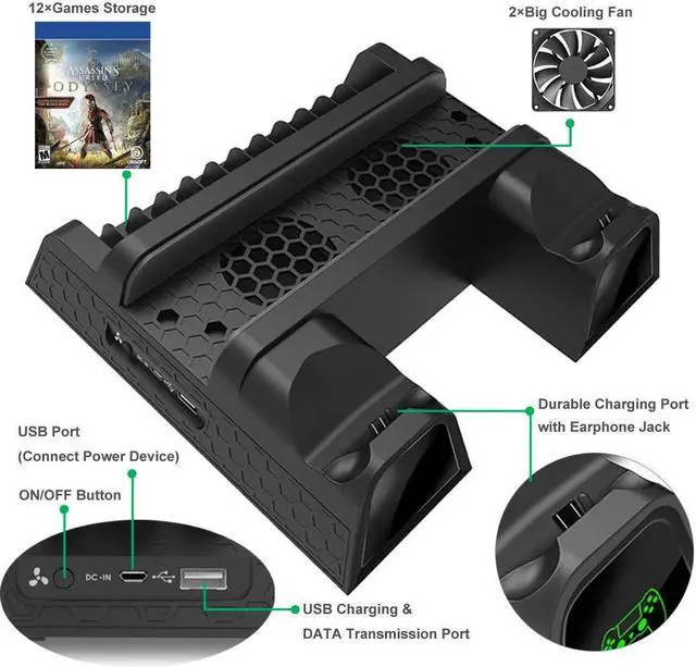 Alt view image 2 of 7 - Cooling Fan Compatible with Regular PS4 / PS4 Pro / PS4 Slim Controller Charging Dock Station with Cooler Vertical Stand Dual Controller Charger with LED Indicators and 12 Games Storage
