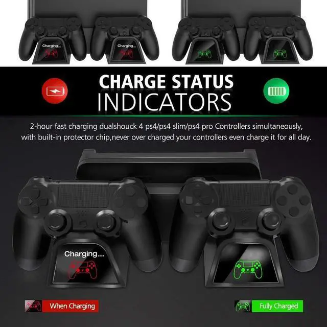 Alt view image 3 of 7 - Cooling Fan Compatible with Regular PS4 / PS4 Pro / PS4 Slim Controller Charging Dock Station with Cooler Vertical Stand Dual Controller Charger with LED Indicators and 12 Games Storage