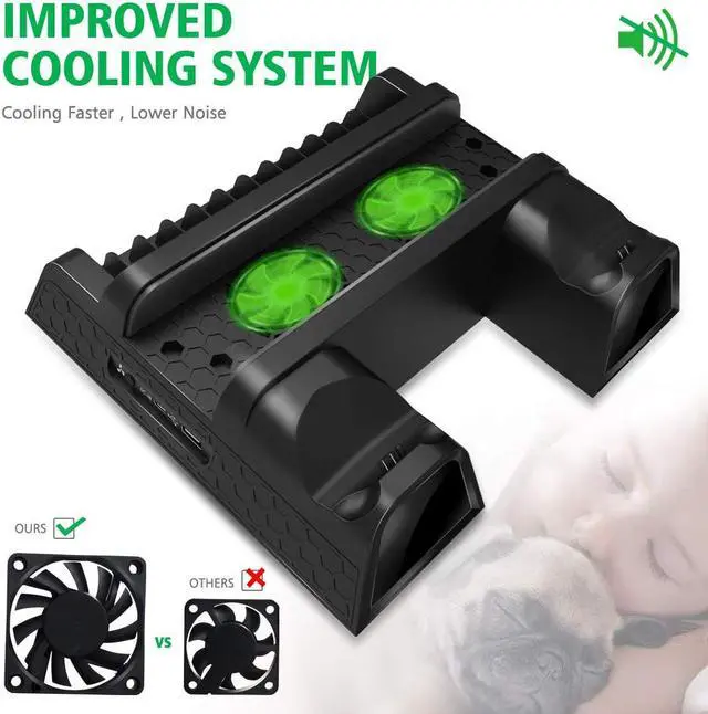 Alt view image 4 of 7 - Cooling Fan Compatible with Regular PS4 / PS4 Pro / PS4 Slim Controller Charging Dock Station with Cooler Vertical Stand Dual Controller Charger with LED Indicators and 12 Games Storage