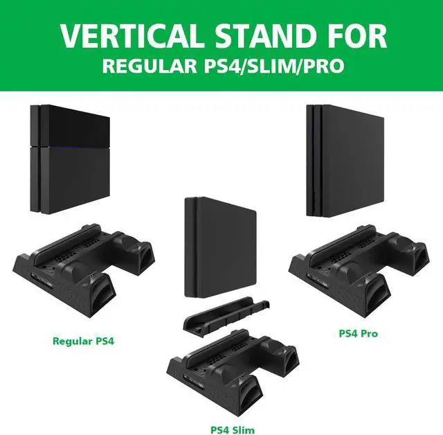 Alt view image 5 of 7 - Cooling Fan Compatible with Regular PS4 / PS4 Pro / PS4 Slim Controller Charging Dock Station with Cooler Vertical Stand Dual Controller Charger with LED Indicators and 12 Games Storage
