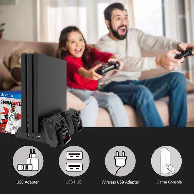 Alt view image 7 of 7 - Cooling Fan Compatible with Regular PS4 / PS4 Pro / PS4 Slim Controller Charging Dock Station with Cooler Vertical Stand Dual Controller Charger with LED Indicators and 12 Games Storage