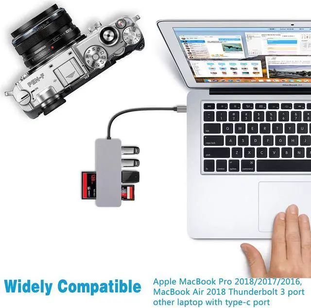 Alt view image 6 of 7 - USB C hub CF SD TF Card Reader Multi-Port Type C Adapter Thunderbolt 3 Port for MacBook Air 2018 MacBook Pro 2016-2018 ChromeBook Surface Go and XPS Aluminium with LED Indicator