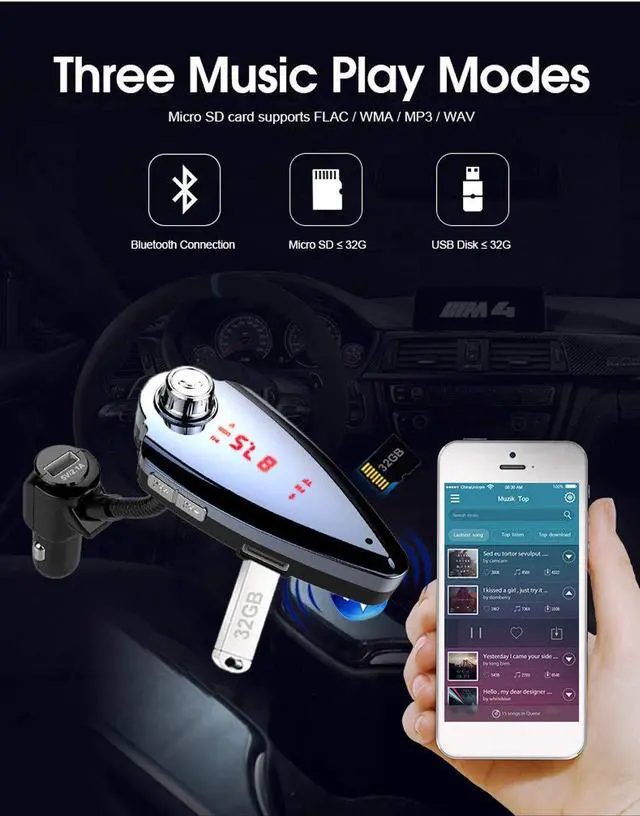 Alt view image 3 of 7 - Bluetooth FM Transmitter Wireless Radio Adapter Hands-Free Car Kit 5V 2.1A USB Car charger Mp3 Player with LED  Display USB memory Port TF Card Support