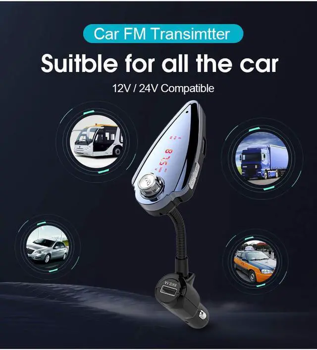 Alt view image 4 of 7 - Bluetooth FM Transmitter Wireless Radio Adapter Hands-Free Car Kit 5V 2.1A USB Car charger Mp3 Player with LED  Display USB memory Port TF Card Support