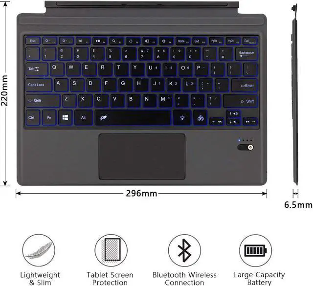 Alt view image 7 of 7 - Type Cover for Microsoft Surface Pro 7 / Surface Pro 6 / Surface Pro 5 2017 / Surface Pro 4 / Surface Pro 3 2014 Detachable Bluetooth Wireless Keyboard with Touchpad and  7-Color LED Backlit