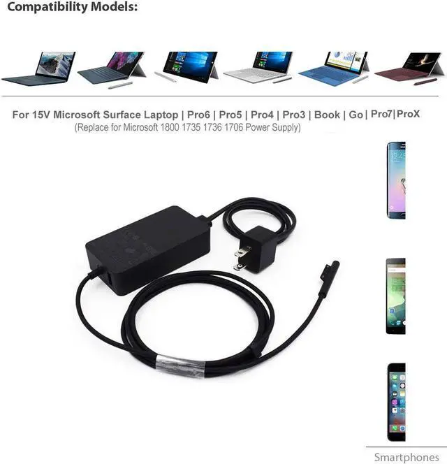 Alt view image 3 of 7 - 15V 2.58A 44W Charger for Micro-soft Surface Laptop Surface Pro X Pro 7 Pro 6 Pro 5 Pro 4 Surface Pro 3 Surface Go Book AC Adapter 1800 Power Supply Cord with 5V USB Charging Port and Power Cord