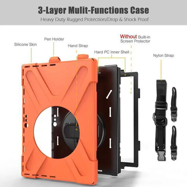 Alt view image 7 of 7 - Microsoft Surface Pro 7 / Pro 6 / Pro 5 / Pro 2017 / Pro 4 / Pro LTE Case Protective Rugged Cover Case with Pen Holder Hand Strap Rotating Kickstand Shoulder Strap Rugged Shockproof Silicone Case
