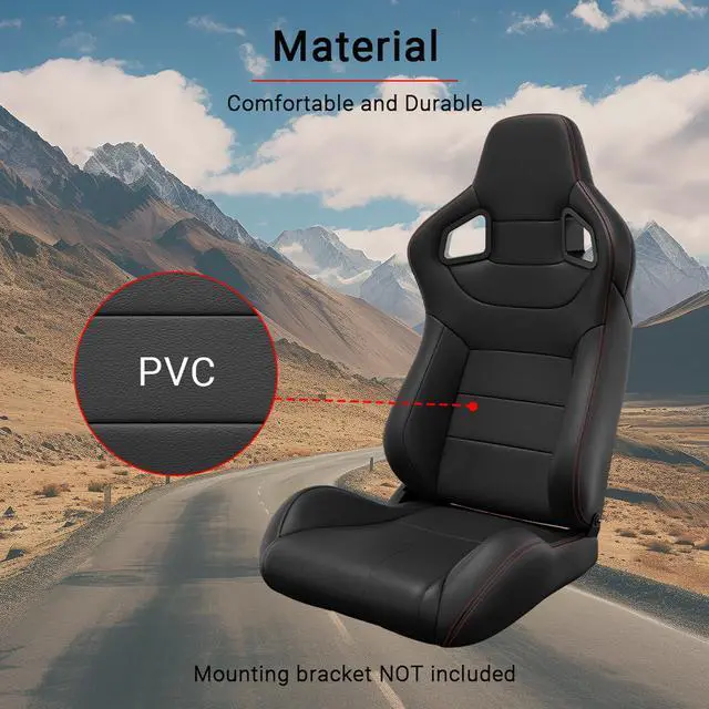 Alt view image 2 of 7 - Racing Seats, 2PCS Universal PVC Leather Racing Bucket Seats Sport Pair Adjustable Seats with Sliders(Black & red Stitching)