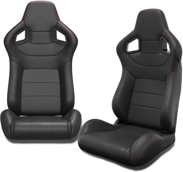 Main image of Racing Seats, 2PCS Universal PVC Leather Racing Bucket Seats Sport Pair Adjustable Seats with Sliders(Black & red Stitching)