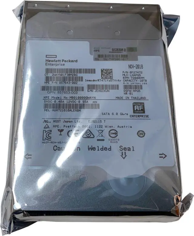 Alt view image 2 of 3 - 857650-B21 HP 10TB SATA 3.5" HDD 857968-001 857643-002 (Sealed in bag) 0-Hours