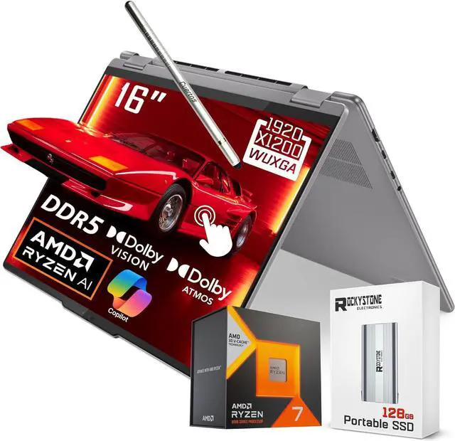 Main image of Lenovo Yoga 7 2-in-1 AI Laptop, 16" WUXGA 1920x1200 Touchscreen, AMD Ryzen 7 8840HS(>i7-12700H, 5.10 GHz), 16GB LPDDR5X RAM 1TB SSD, Backlit Keyboard, Fingerprint, Windows 11 Home