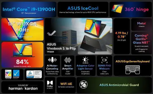 Alt view image 4 of 7 - ASUS Vivobook S 16 Flip 2-in-1 Business Laptop, 16" WUXGA Touchscreen Display, 14-Core Intel Core i9-13900H, 24GB RAM 1TB SSD, Intel Iris Xe Graphics, WiFi 6E, Bluetooth 5.3, Backlit KB, Win11 Pro