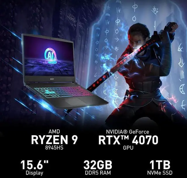Alt view image 2 of 7 - MSI Katana 15.6" 144Hz Premium Gaming Laptop, AMD Ryzen 9 8945HS(Beat i9-13900H, 5.2 GHz), NVIDIA GeForce RTX 4070, 32GB DDR5 1TB SSD, Wi-Fi 6E, 4-Zone RGB Keyboard, AI & VR Ready, Win11 Home