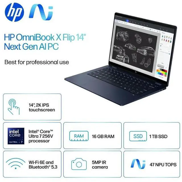 Alt view image 2 of 7 - HP OmniBook X Flip 2-in-1 AI Powered Laptop, 14" 2K LED IPS Touchscreen 400 Nits Display, Intel 8-Core Ultra 7 256V(Up to 4.8GHz), 16GB LPDDR5X 1TB SSD, WiFi 6E, Backlit KB, Win11 Pro