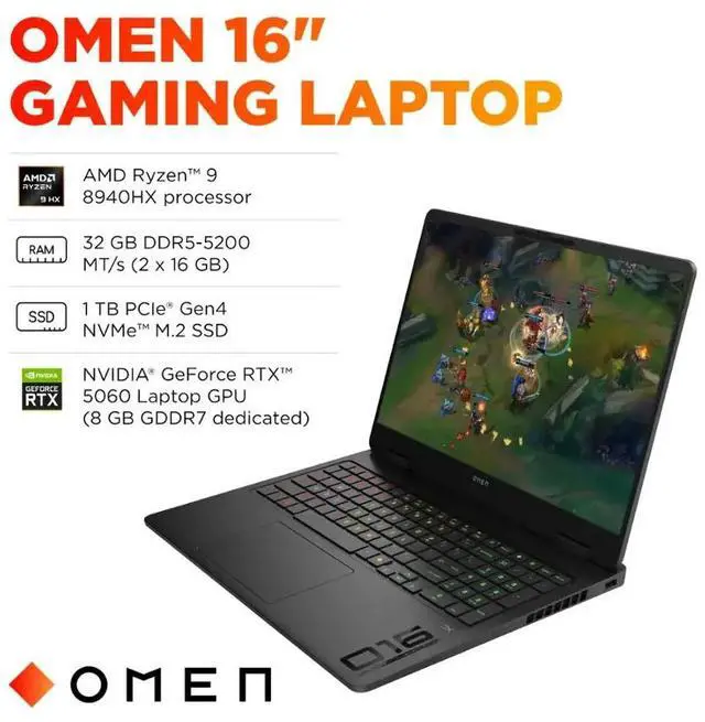 Alt view image 5 of 7 - HP OMEN 16" Gaming Laptop, FHD+ 144Hz IPS LED Display, AMD Ryzen 9 8940HX(Beat Intel Core i9-14900HX), GeForce RTX 5060 8GB GDDR7, 32GB DDR5 1TB SSD, 4-Zone RGB Backlit KB, Wi-Fi 6E, RJ-45, Win11 Pro