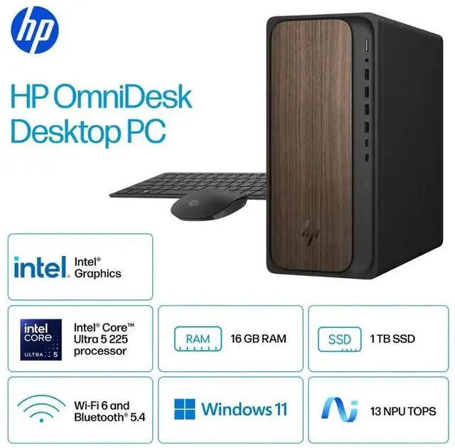Alt view image 2 of 7 - HP OmniDesk Desktop PC, Intel Core Ultra 5 225(Up to 4.9GHz), 32GB DDR5 5600MHz 1TB PCIe 4.0 SSD, Intel Graphics, Wifi 6, Bluetooth 5.4, Microsoft Copilot, Windows 11 Pro, Dark Wood