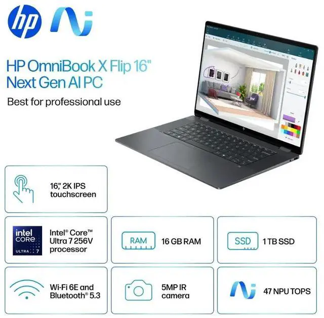 Alt view image 2 of 7 - HP OmniBook X Flip 2-in-1 Copilot PC Laptop, 16" 2K IPS Touchscreen 400 Nits Display, Intel Core Ultra 7 256V(>Ultra 9 185H), 16GB LPDDR5X 2TB PCIe 4.0 SSD, Wi-Fi 6E, Backlit Keyboard, Win 11 Pro