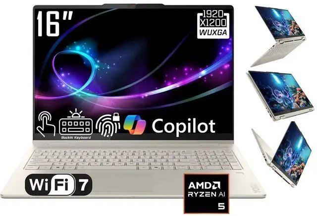 Main image of Lenovo Yoga 7 2-in-1 Copilot+PC Laptop, 16" WUXGA Touchscreen Display, AMD Ryzen AI 5 340(Beat Intel Core Ultra 5 125H), 16GB LPDDR5X RAM 2TB SSD, Backlit Keyboard, Fingerprint Reader, Win11 Home
